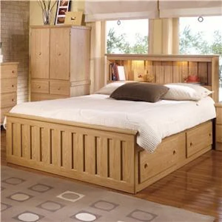 Queen Bookcase Bed with Under Bed Drawer Storage and Interior Lighting